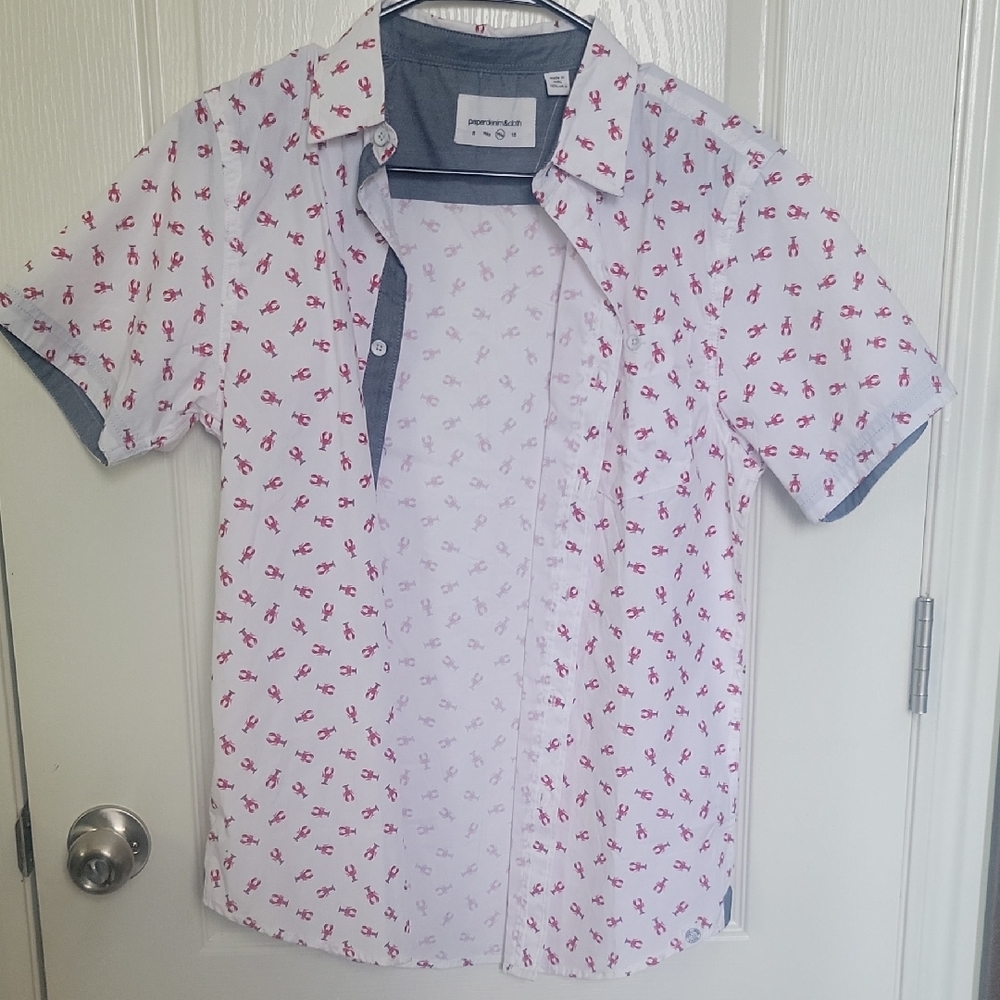 White and Red Patterned Button-Down Shirt